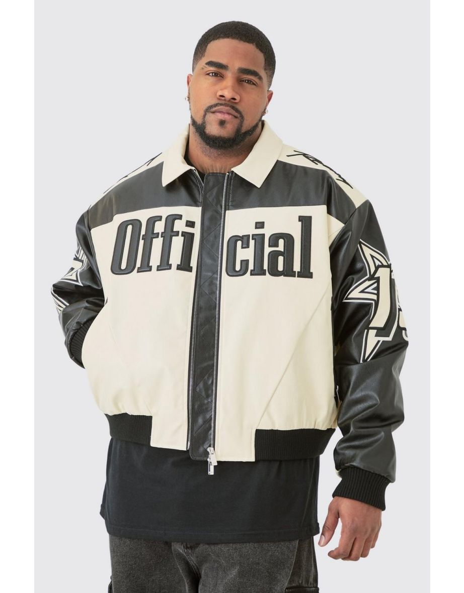 Plus Boxy Fit Pu Moto Collared Bomber - black