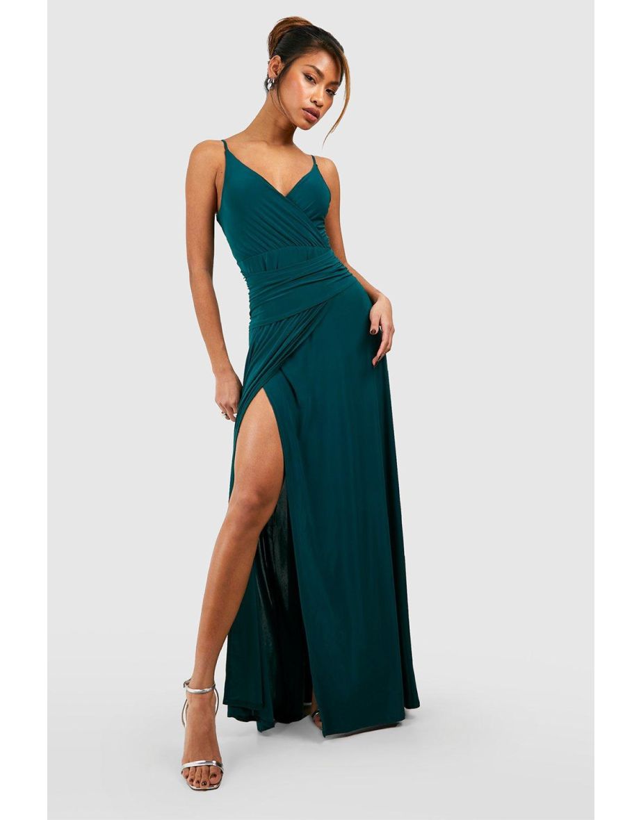 Slinky Wrap Ruched Strappy Maxi Bridesmaid Dress - emerald