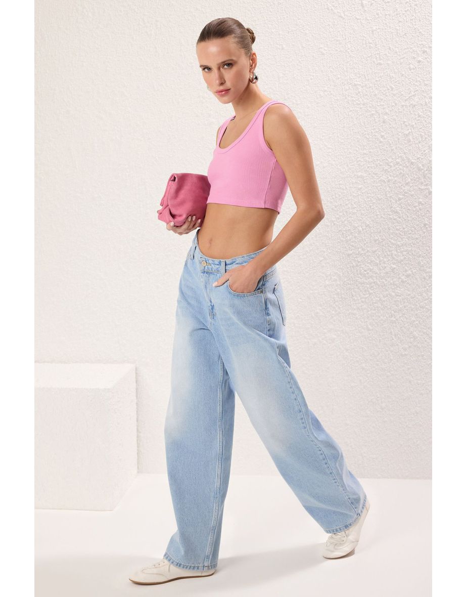 Pink Strappy Crop Ribbed Stretch Knit Undershirt