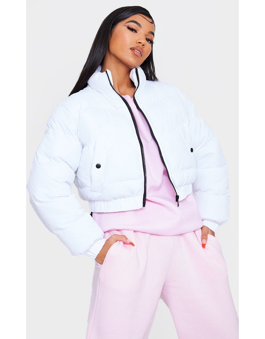 White Cropped Bubble Zip Detail Puffer Jacket