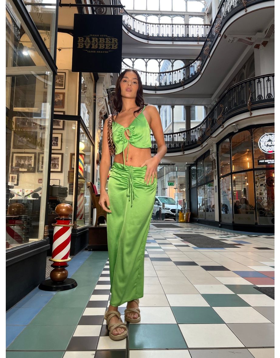 Apple-Green Sateen Ruched Midi-skirt