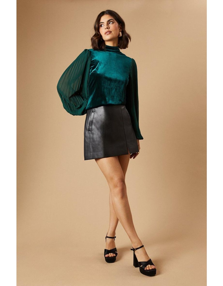 Pleated Chiffon Sleeve Velvet Tie Back Blouse
