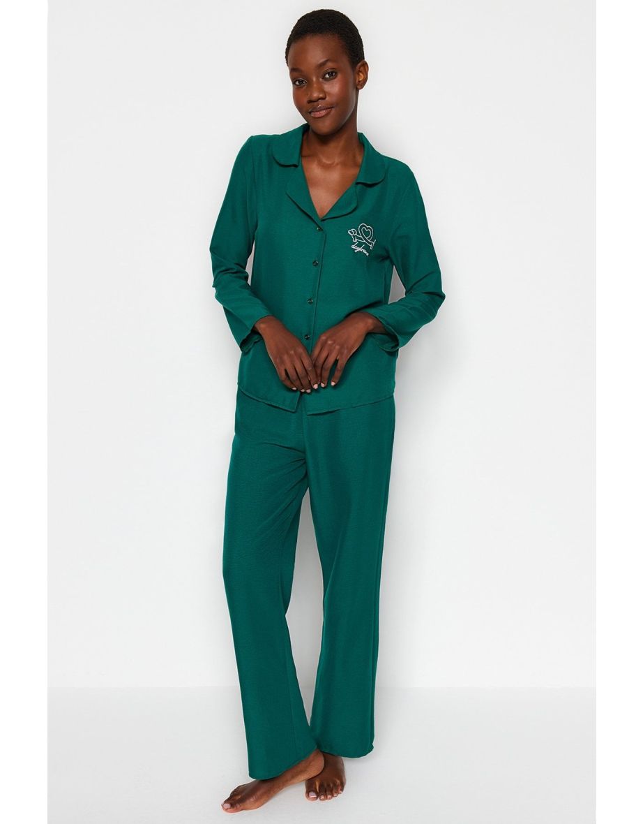 Emerald Embroidered Shirt-Pants Woven Pajamas Set