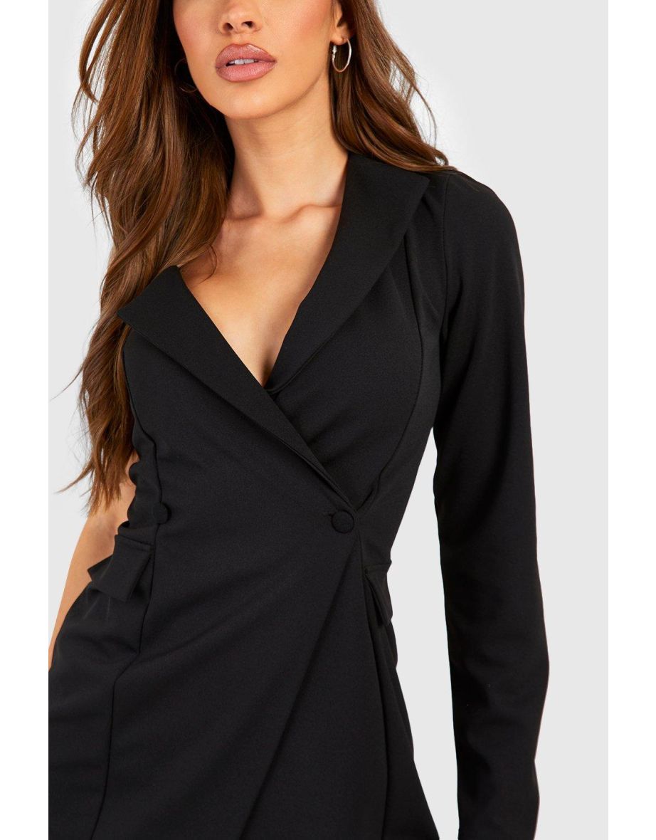 One Shoulder Pocket Detail Blazer Dress - black - 3