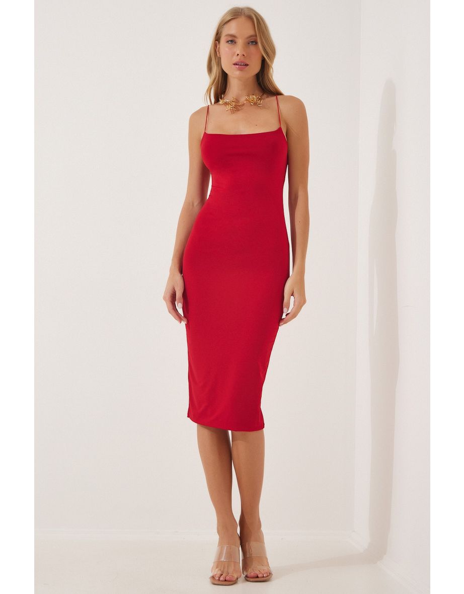 Red Bodycon Midi Evening Dress