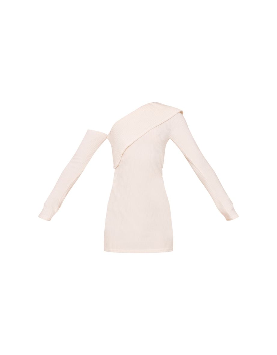 Cream Ribbed Long Sleeve One Shoulder Asymmetric Bardot Dress - 4