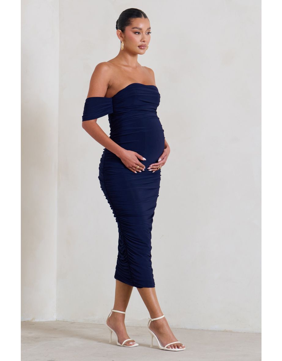 Navy Ruched Maternity Bardot Midi Dress - 4