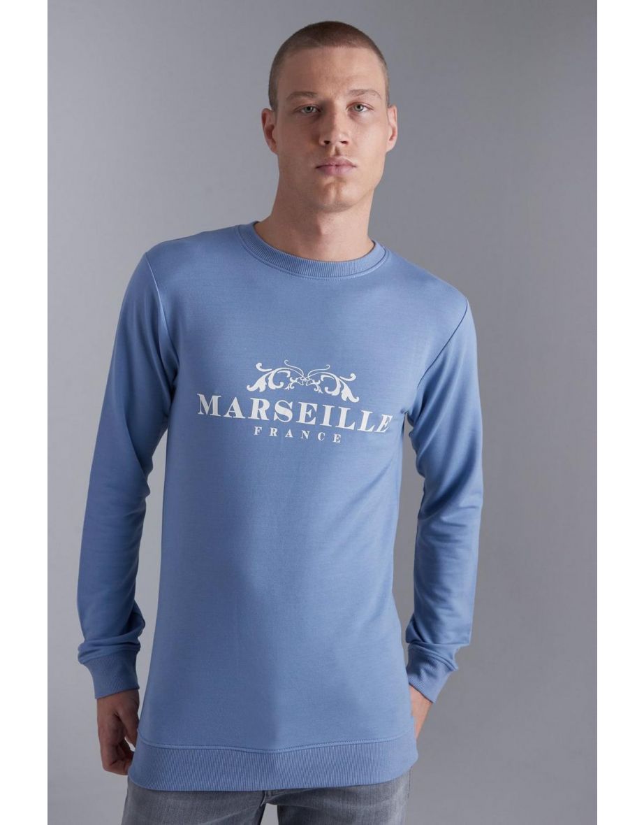 Muscle Fit Marseille Print Sweatshirt - dusty blue