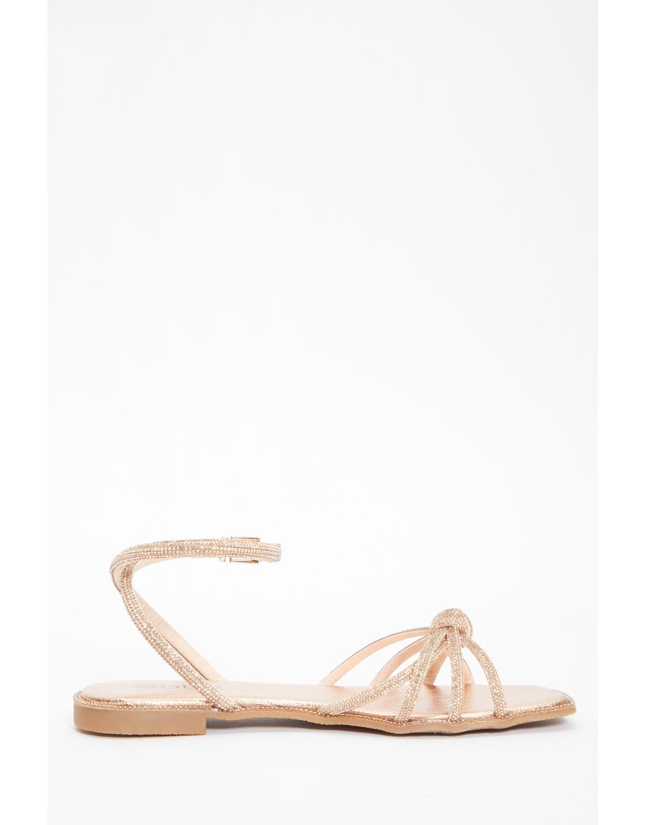 Quiz Rose Gold Diamante Strap Flat Sandals - 5