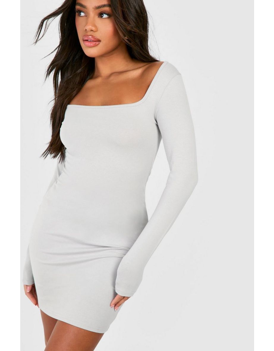 Square Neck Long Sleeve Bodycon Dress - grey - 3