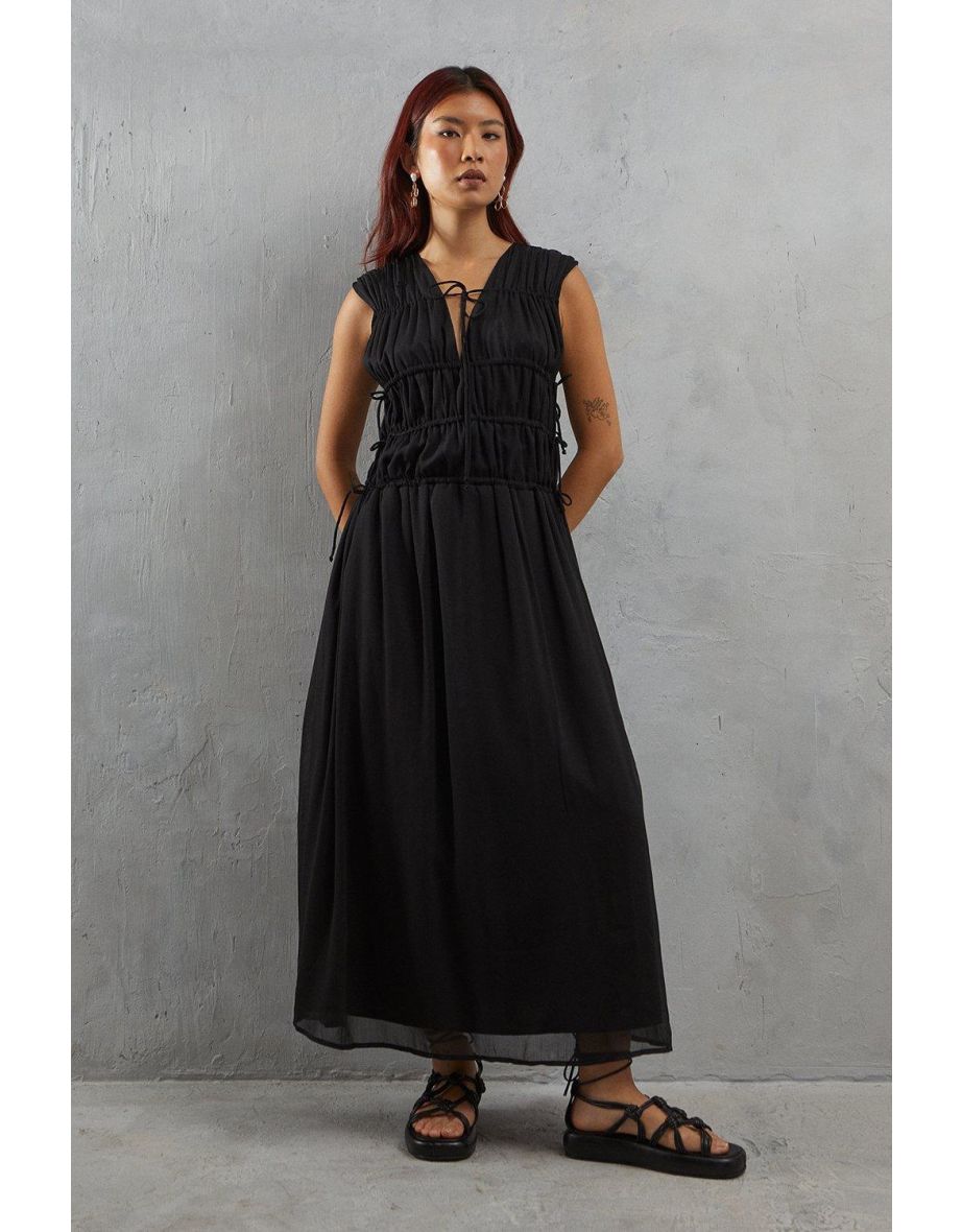 Chiffon Channel Detail Sleeveless Midi Dress