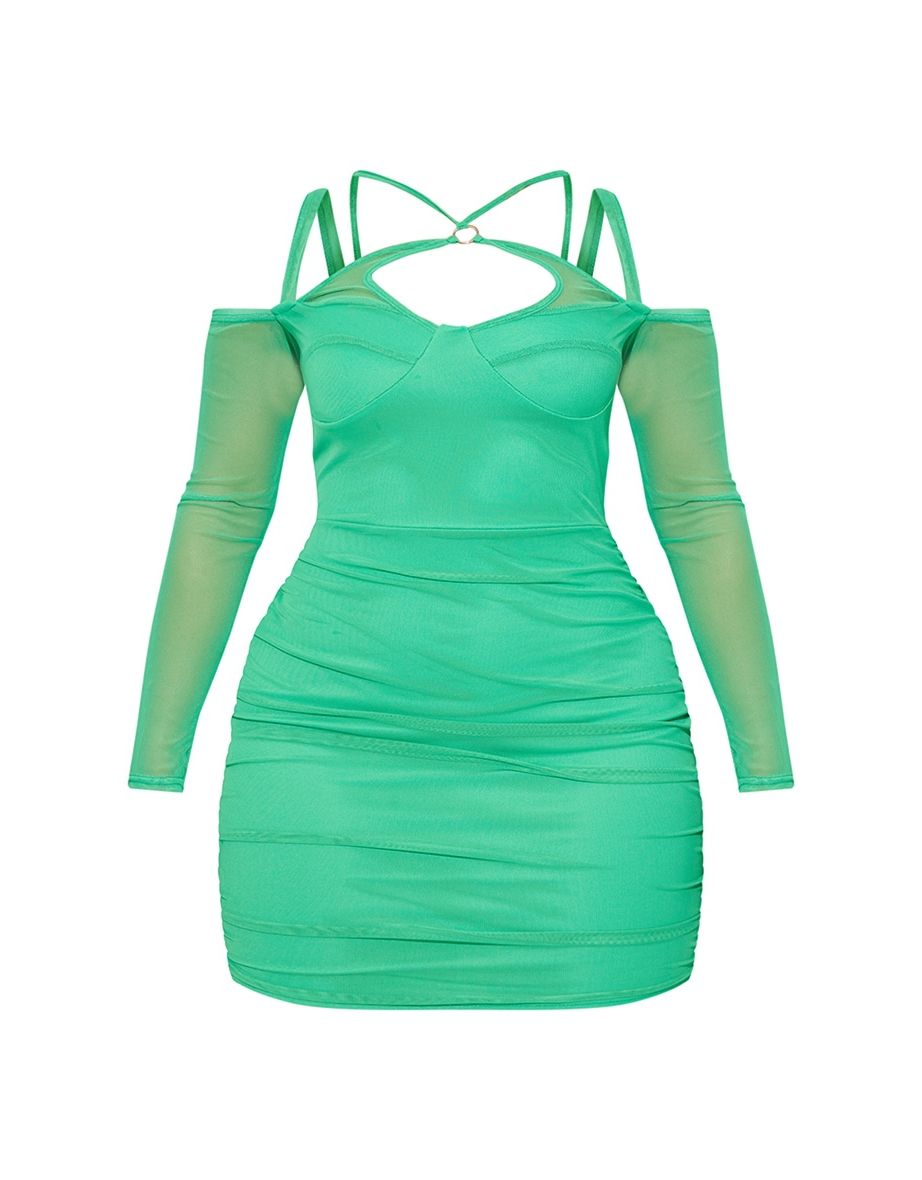 Shape Bright Green Mesh Ring Halterneck Ruched Bodycon Dress - 4
