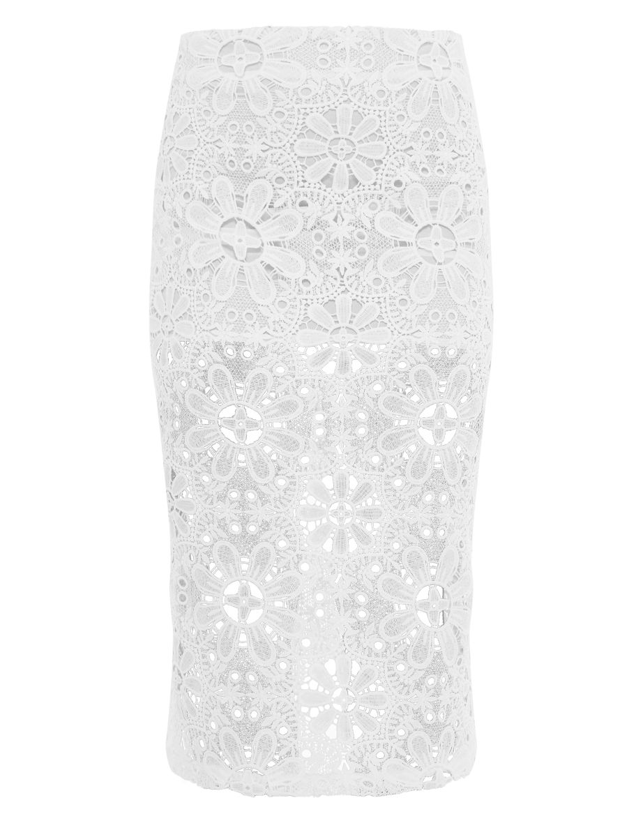 White Floral Lace Mid Rise Midaxi Skirt - 4