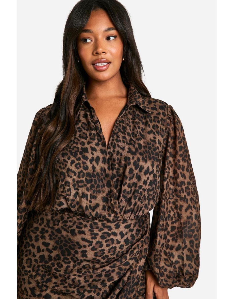 Plus Leopard Print Blouson Sleeve Wrap Dress - leopard - 3