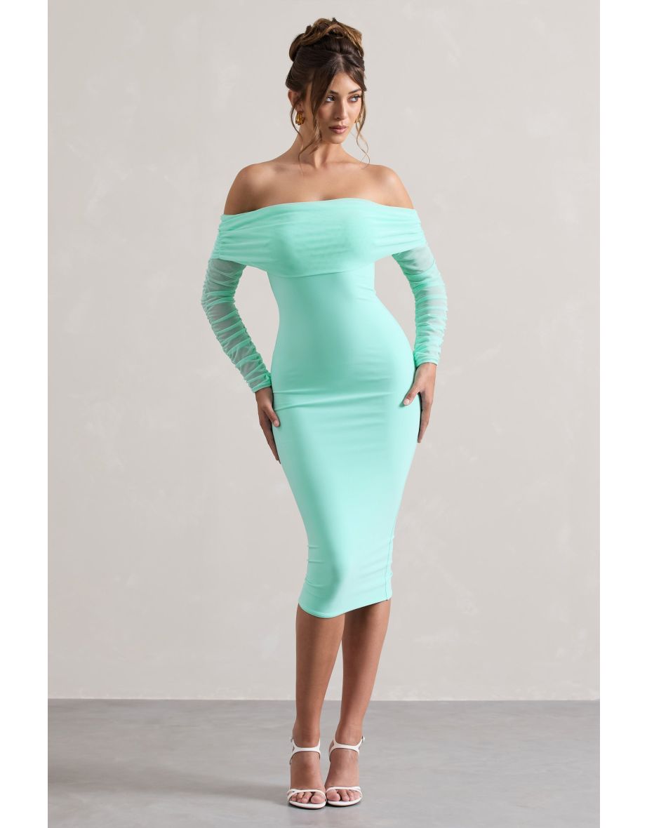 Only You | Mint Ruched Mesh Bardot Midaxi Dress - 4