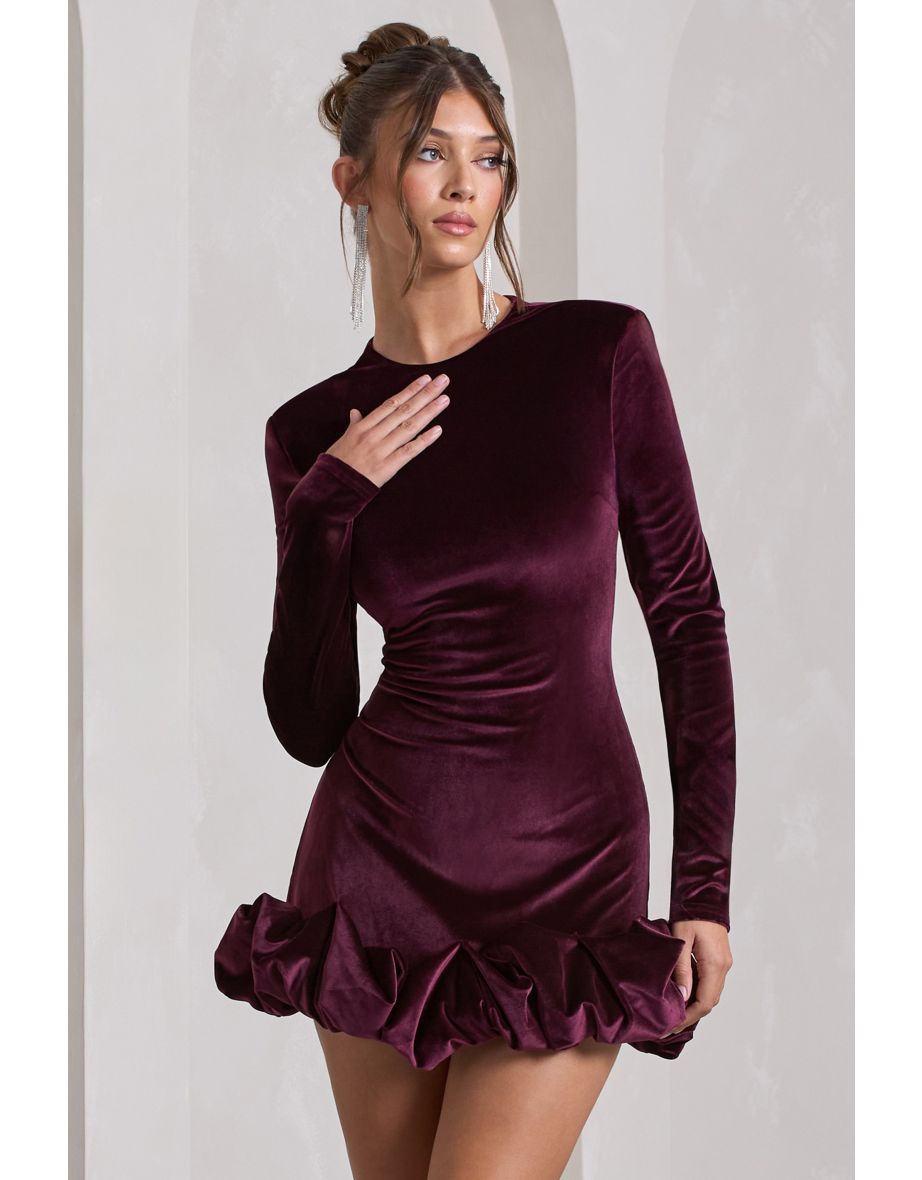 Claudine | Port Velvet High-Neck Long-Sleeved Ruffled Mini Dress - 4