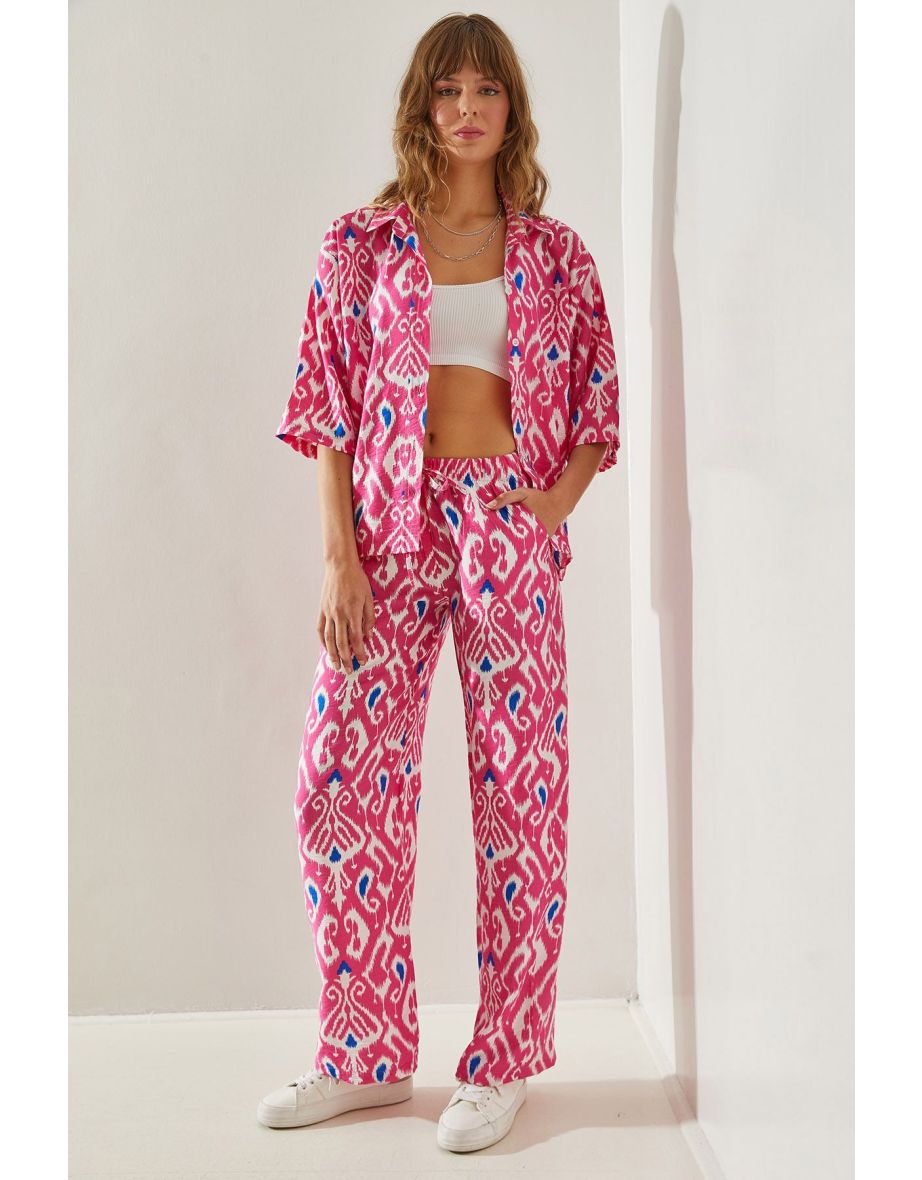 Women's Patterned Modal Printed Palazzo Trousers Bottom-Top Set