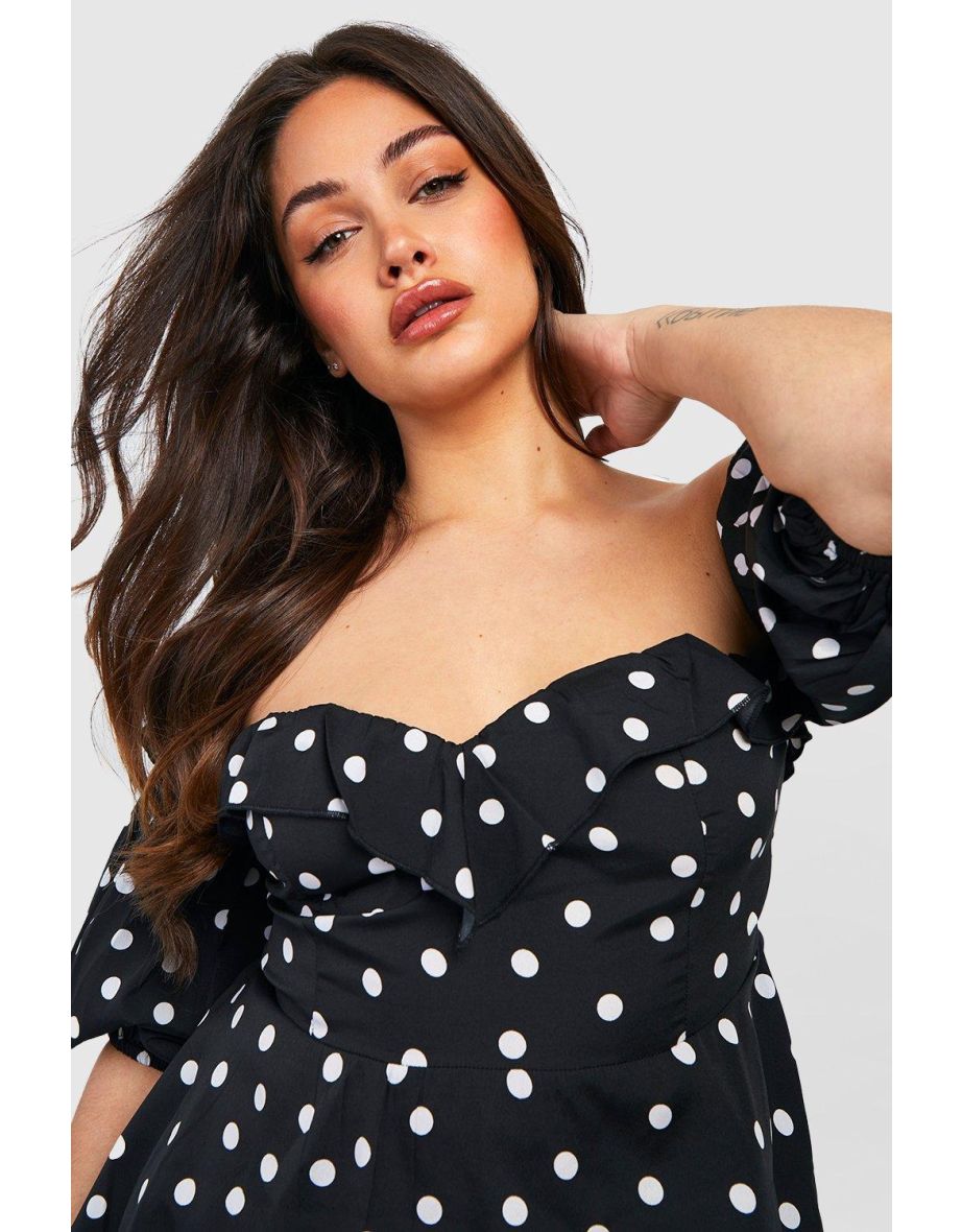 Plus Woven Spot Bardot Peplum Top - black - 3