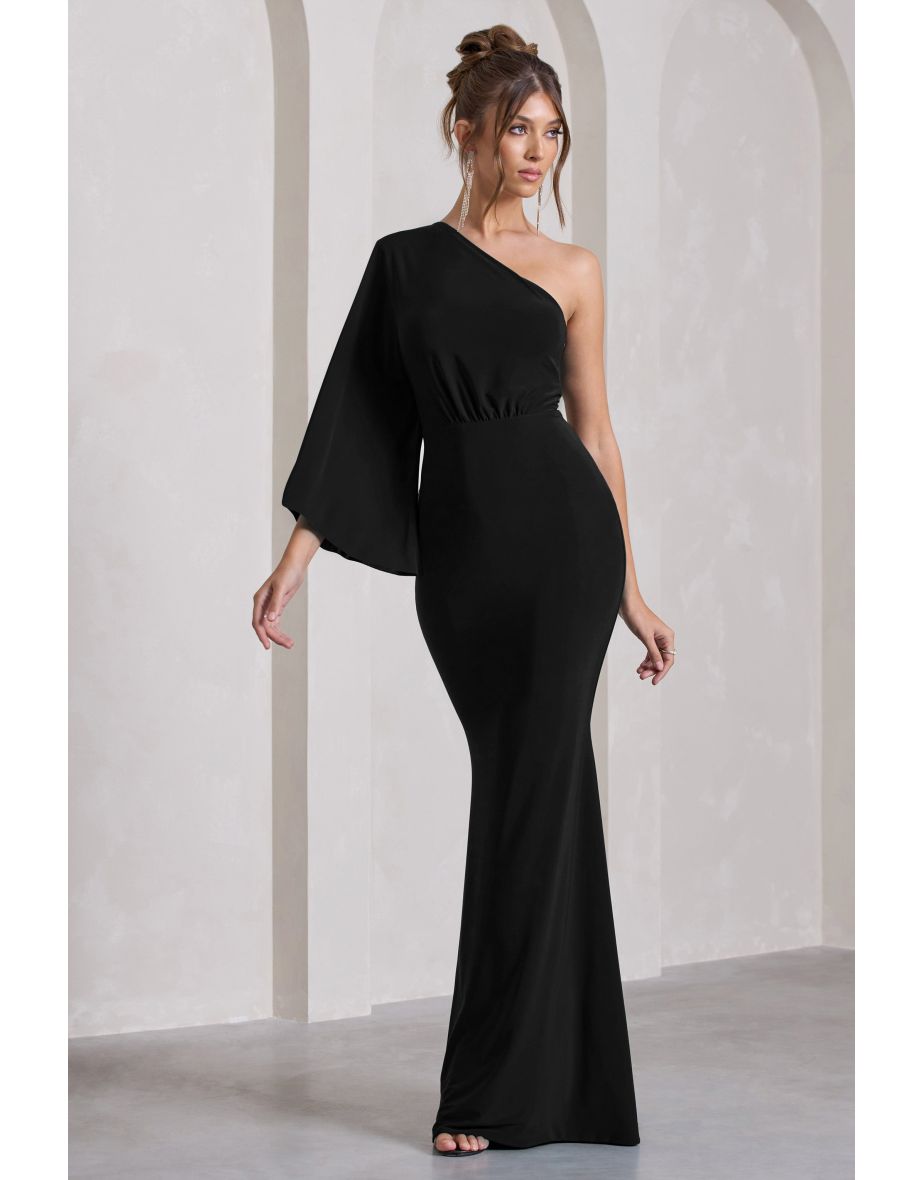 Luciana | Black Asymmetric Maxi Dress With Drape Sleeve