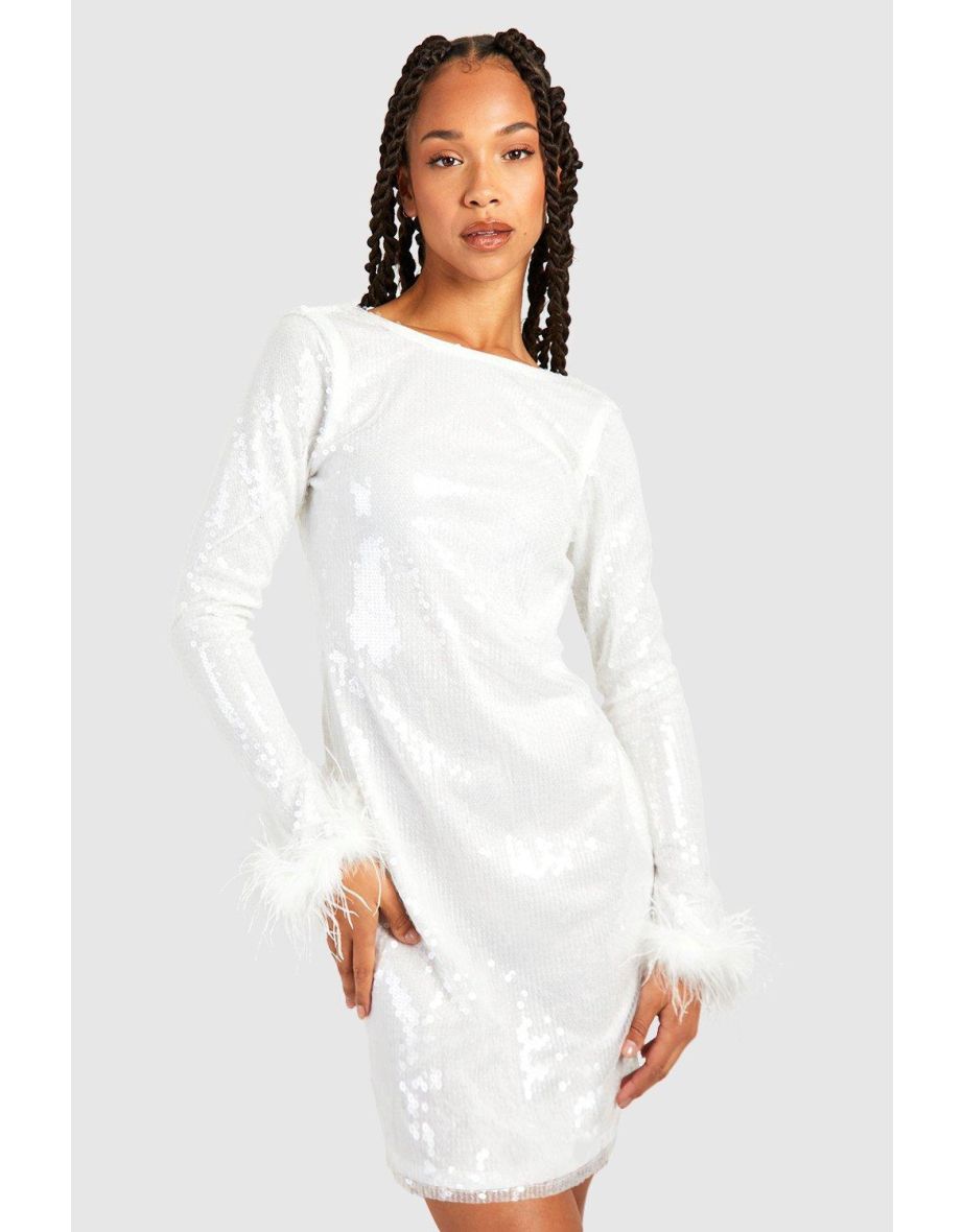 Tall Sequin Fluffy Feather Trim Mini Dress