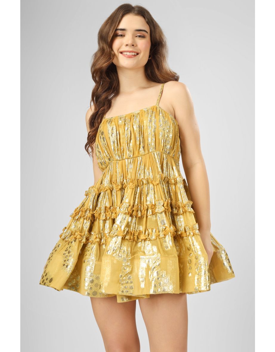 Bethan Metallic Printed Mini Dress in Yellow