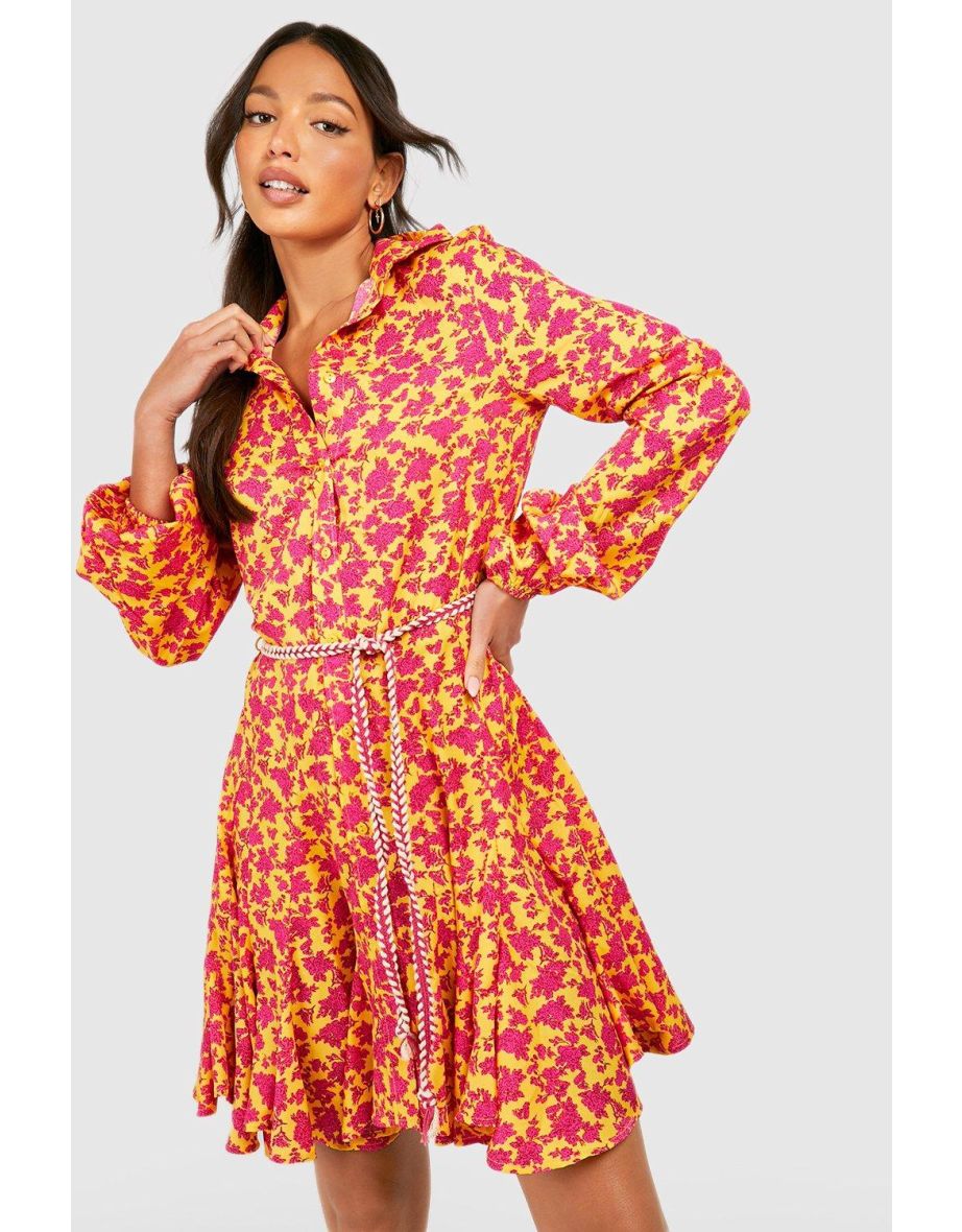 Tall Floral Rope Tie Pleated Shirt Dress - mustard