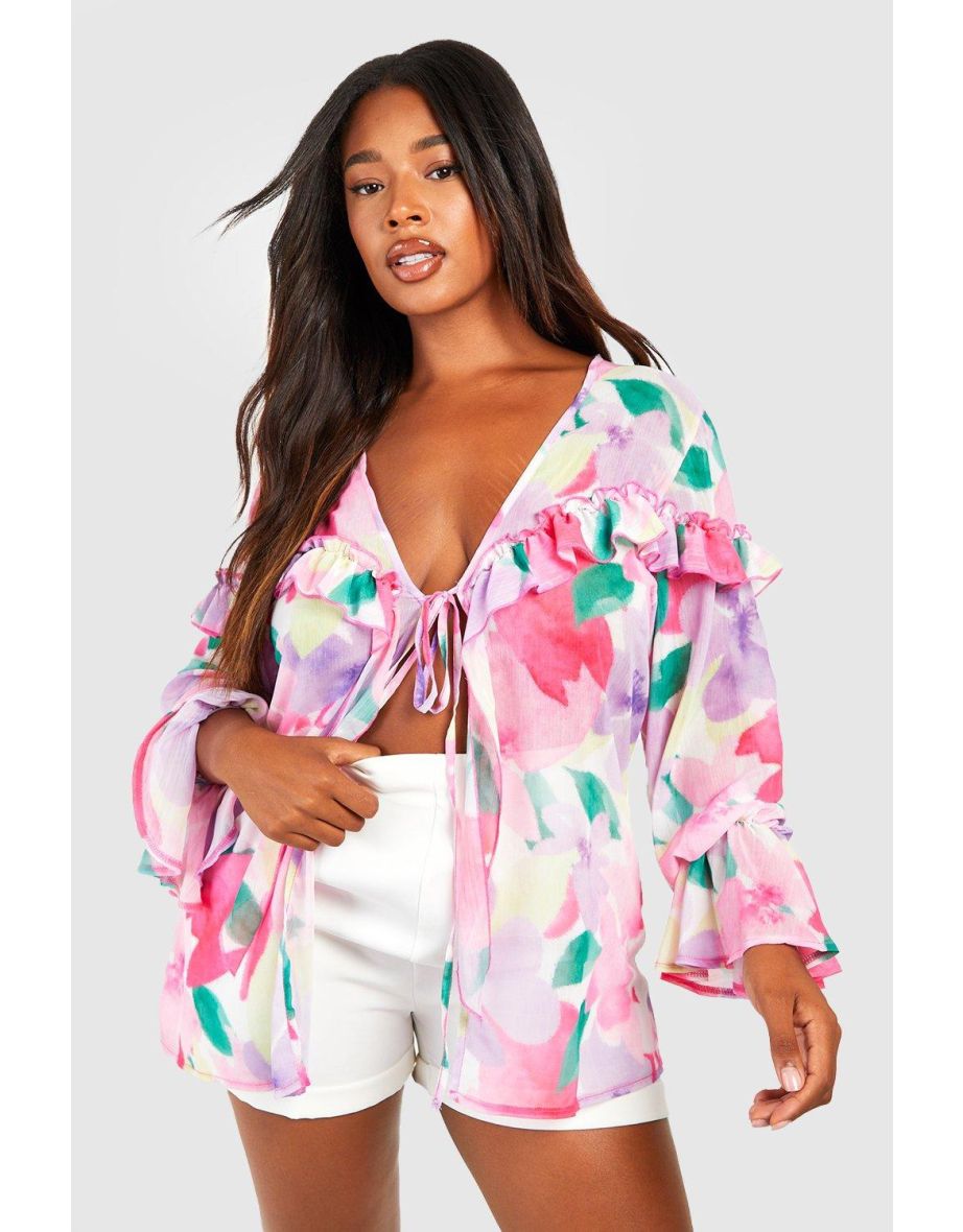 Plus Pastel Floral Ruffle Detail Tie Front Blouse - pink