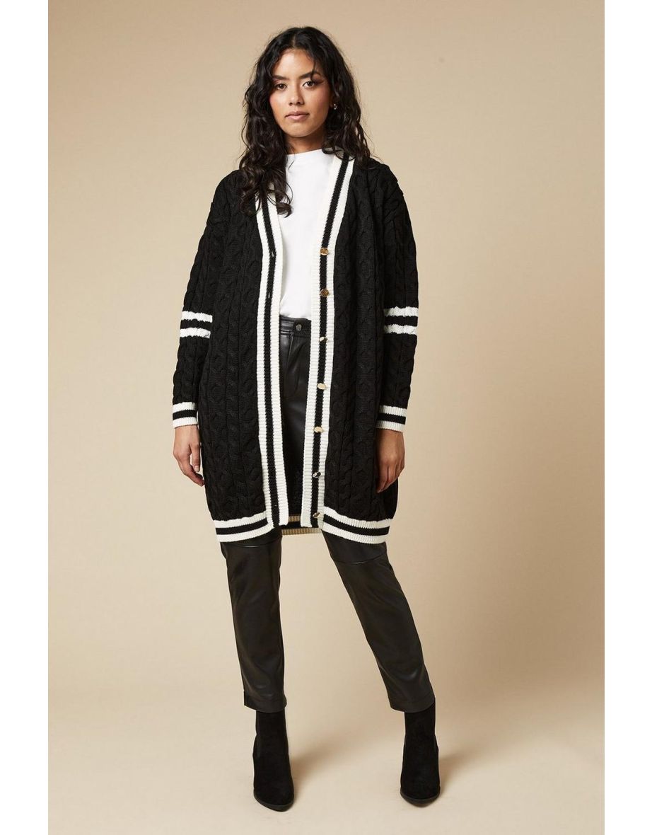 Petite Tipped Cable Knit Button Down Midi Cardigan