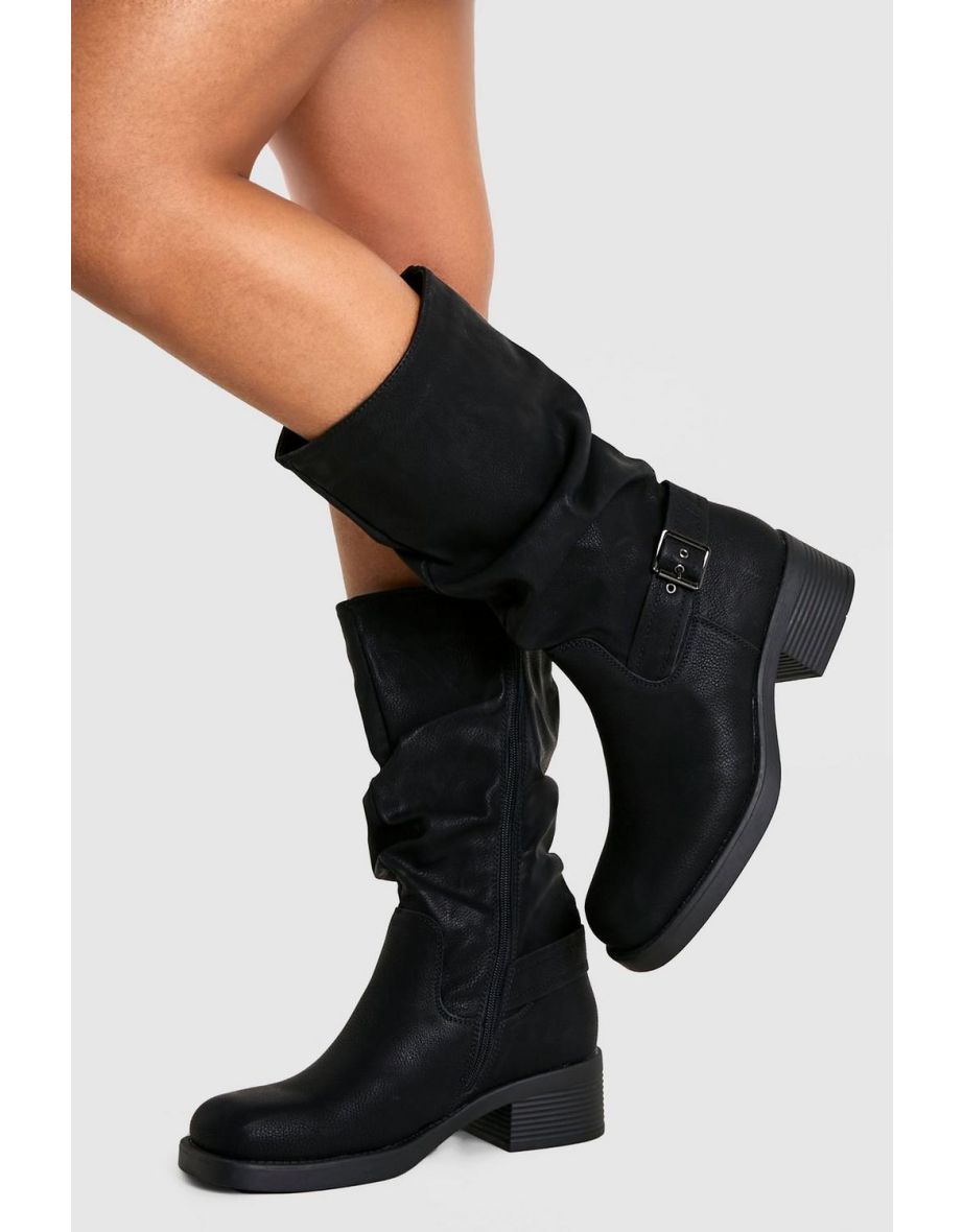 Ruched Slouch Buckle Detail Knee High Boots