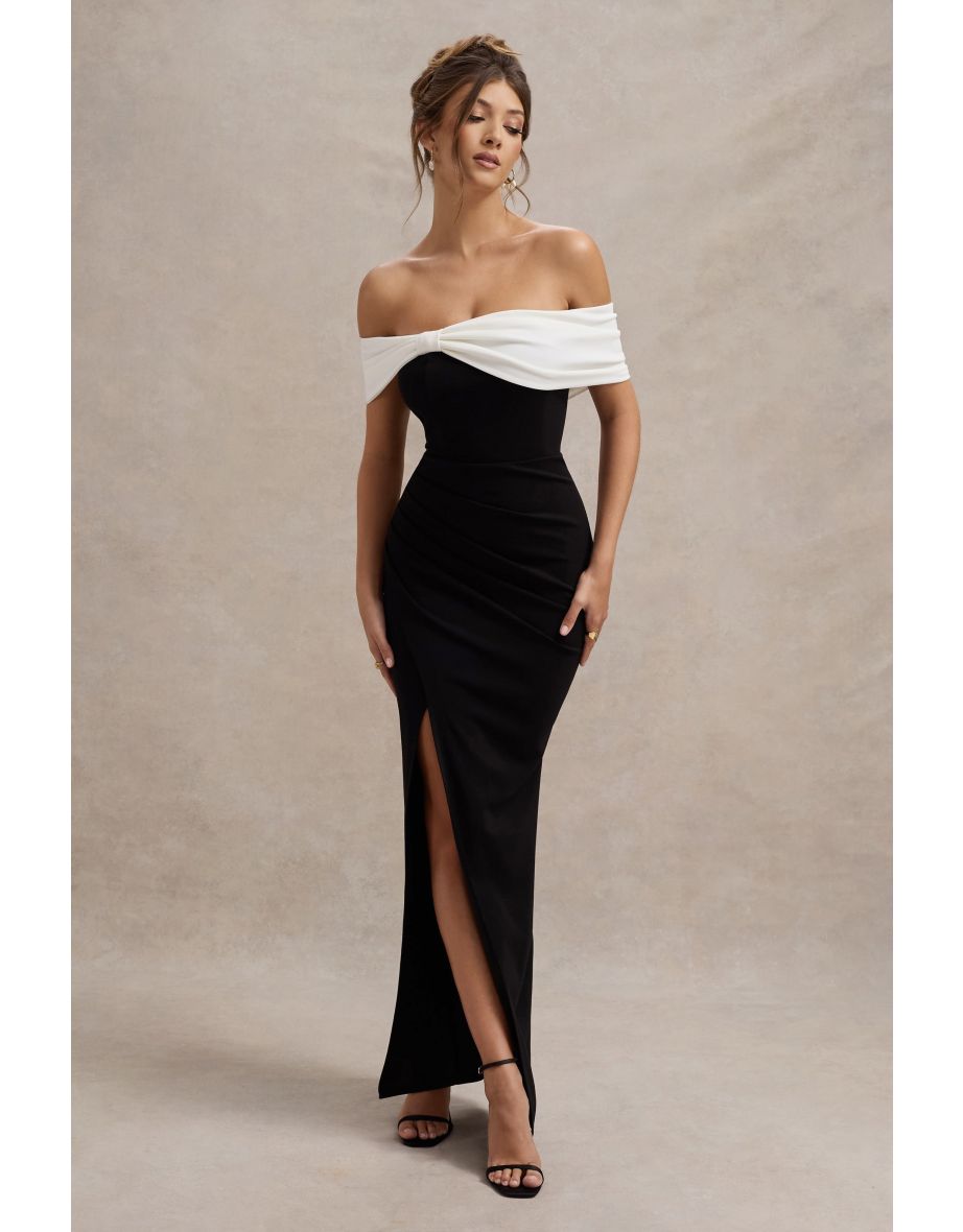 Shop Eva Black White Bardot Bow Detail Maxi Dress With Thigh Split Online in Saudi Arabia VogaCloset