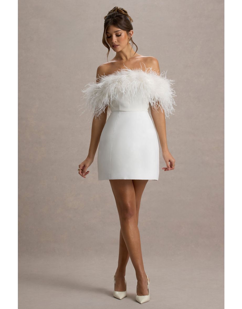 Palace | White Bardot Mini Dress With Feather Trim