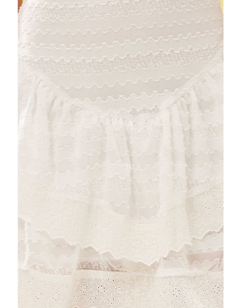 White Skirt with Ruffled Lace Embroidered Mini Length Woven Skirt - 4