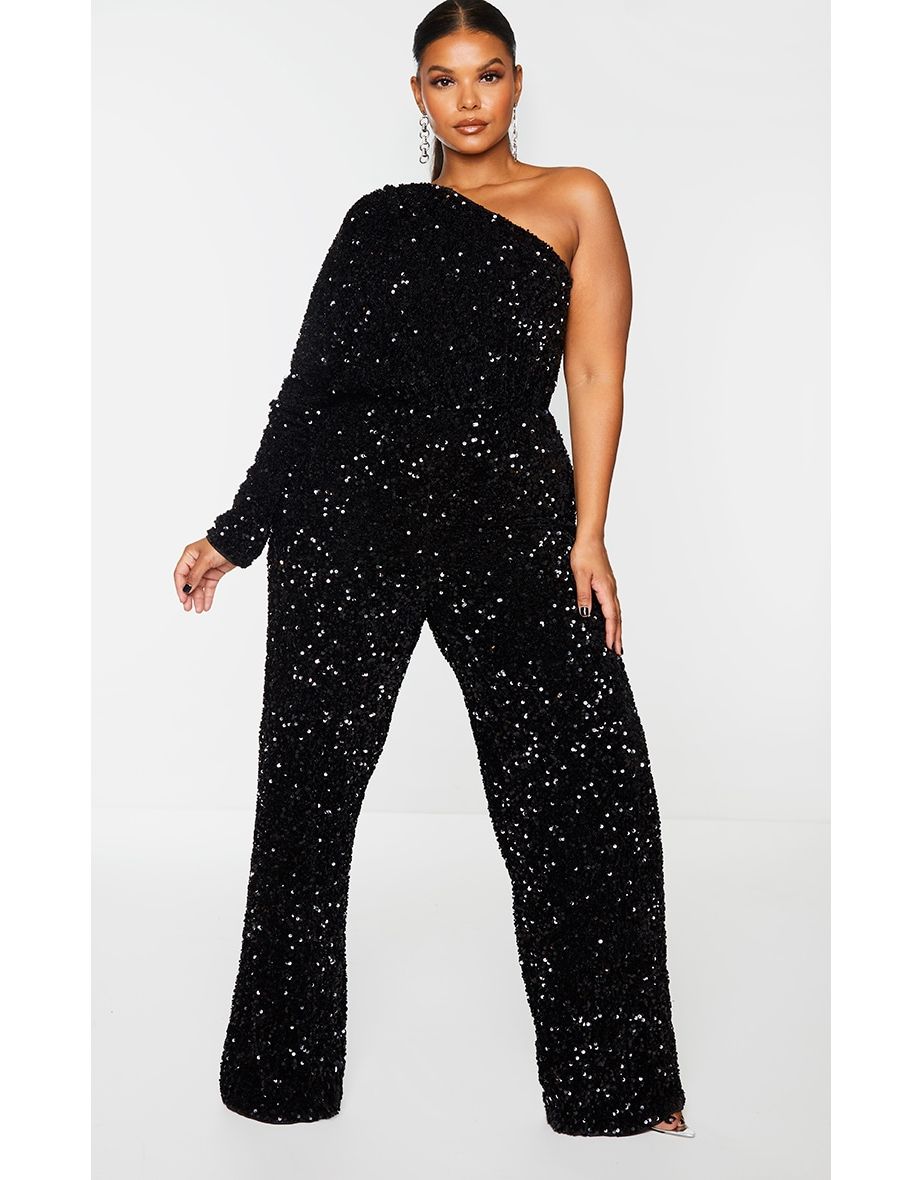 Plus Black Velvet Sequin One Shoulder Wide Leg Jumpsuit