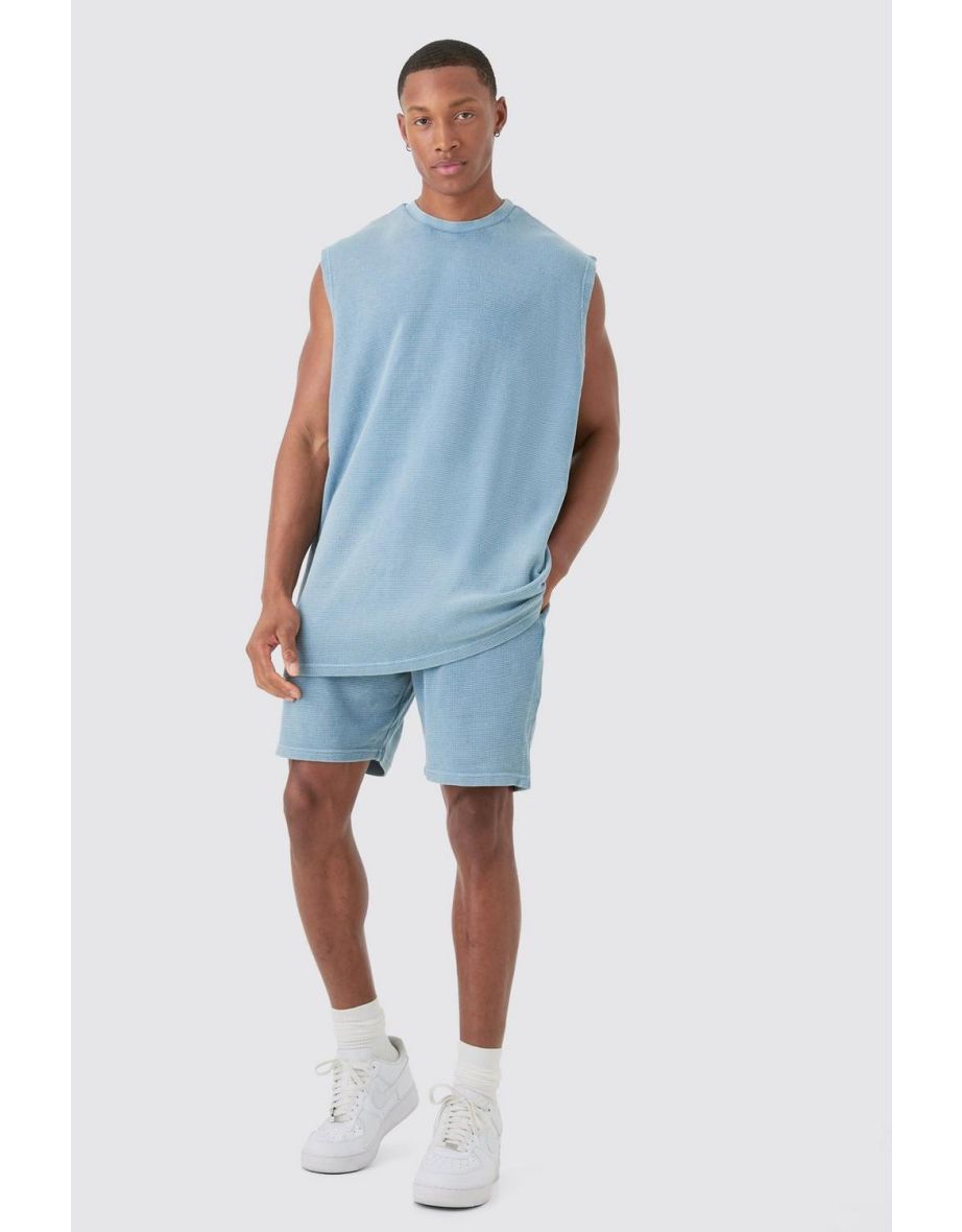 Oversized Washed Heavyweight Waffle Tank & Shorts Set - blue