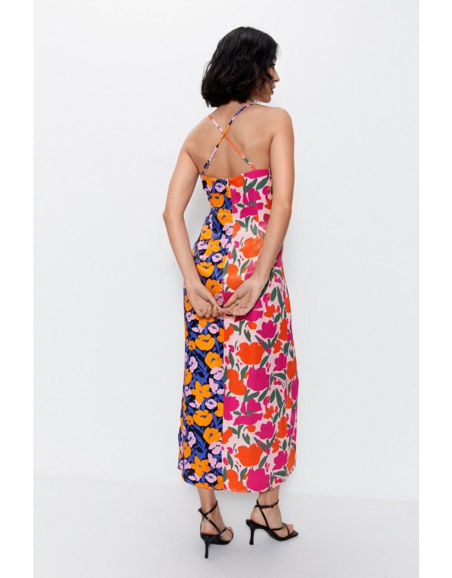 Splice Floral Satin Strappy Dress - 3