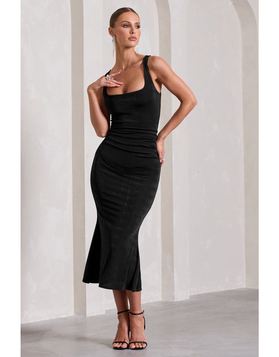 Evora | Black Ruched Square-Neck Fishtail Dress
