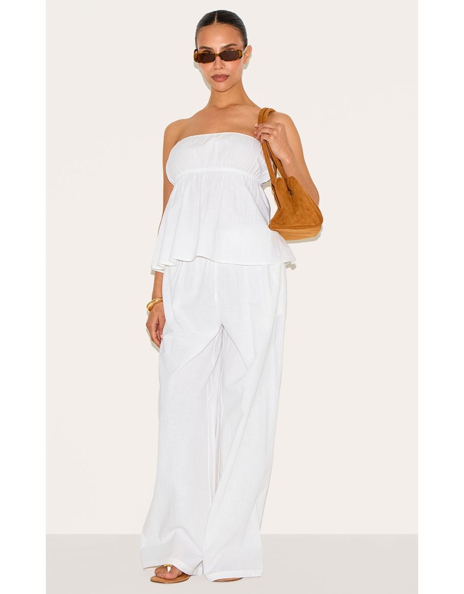 Petite White Linen Look Floaty Wide Leg Trousers