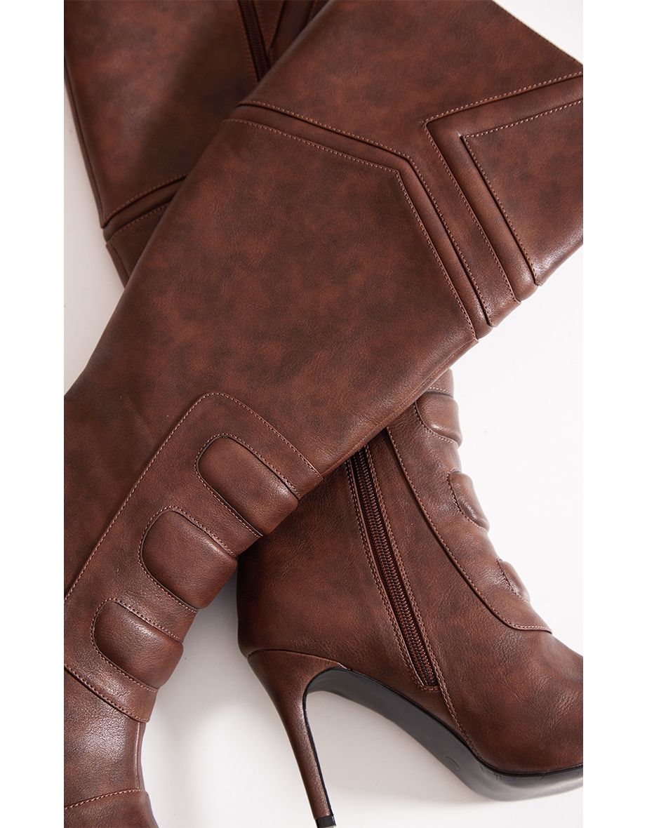 Brown Vintage Point Toe Motor Cross High Heeled Knee Boots - 3