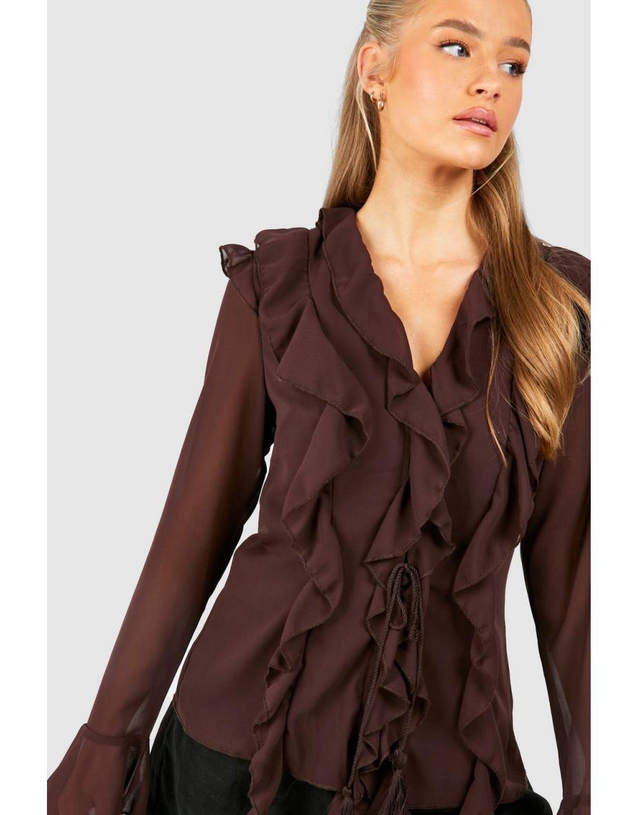 Chiffon Lace Up Ruffle Top - chocolate - 3