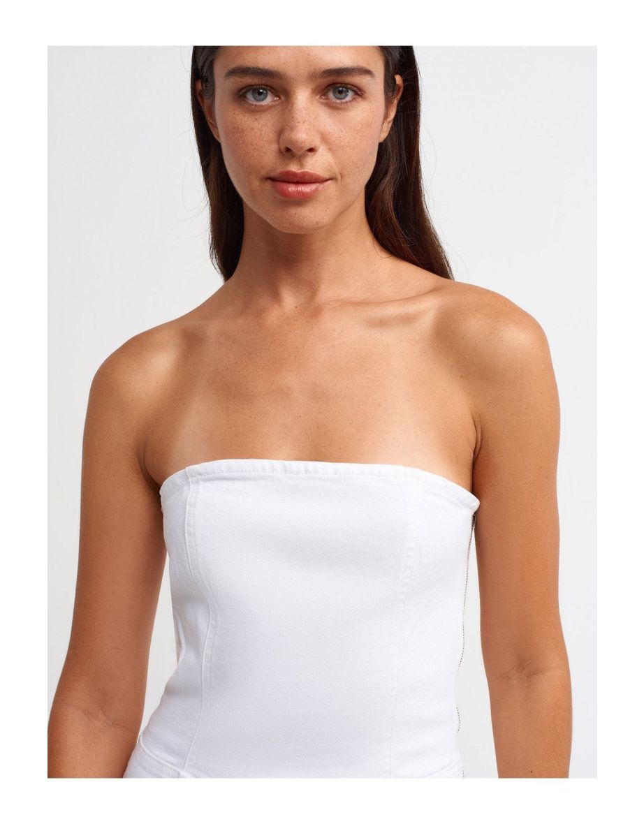 Strapless White Flare Denim Overalls-White
