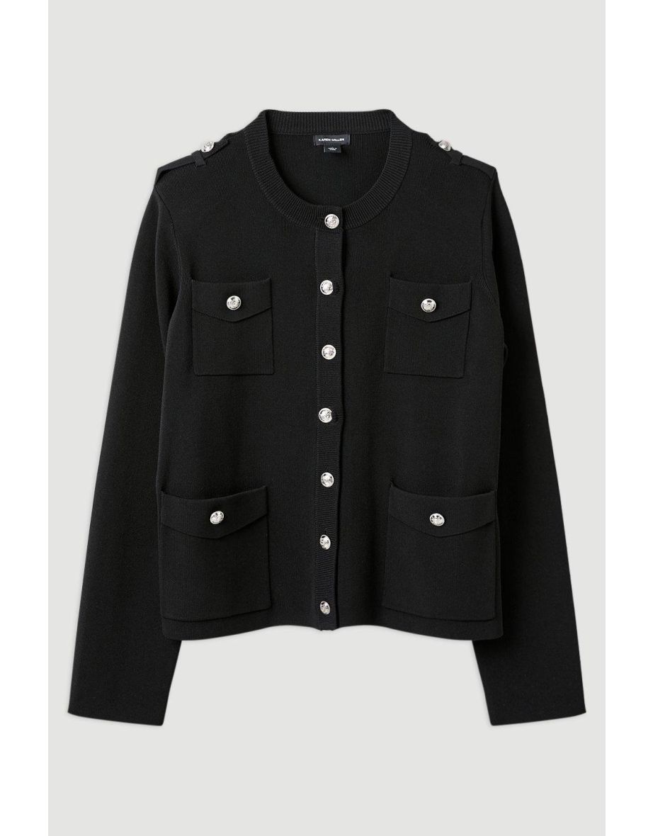 Plus Size Military Trim Knitted Four Pocket Jacket - 3