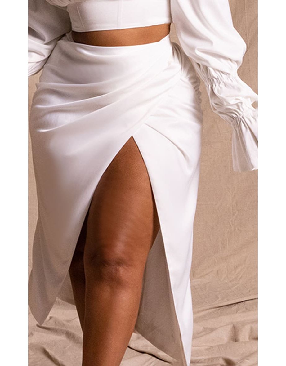 Plus Premium White Constructed Satin Draped Midi Skirt - 2