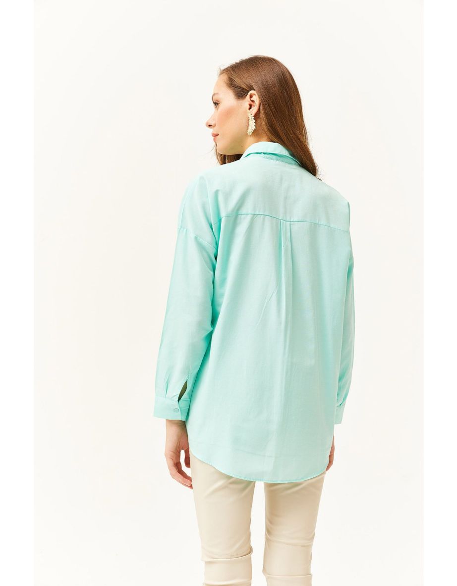 Women's Aqua Green Sequin Detailed Woven Boyfriend Shirt - 5