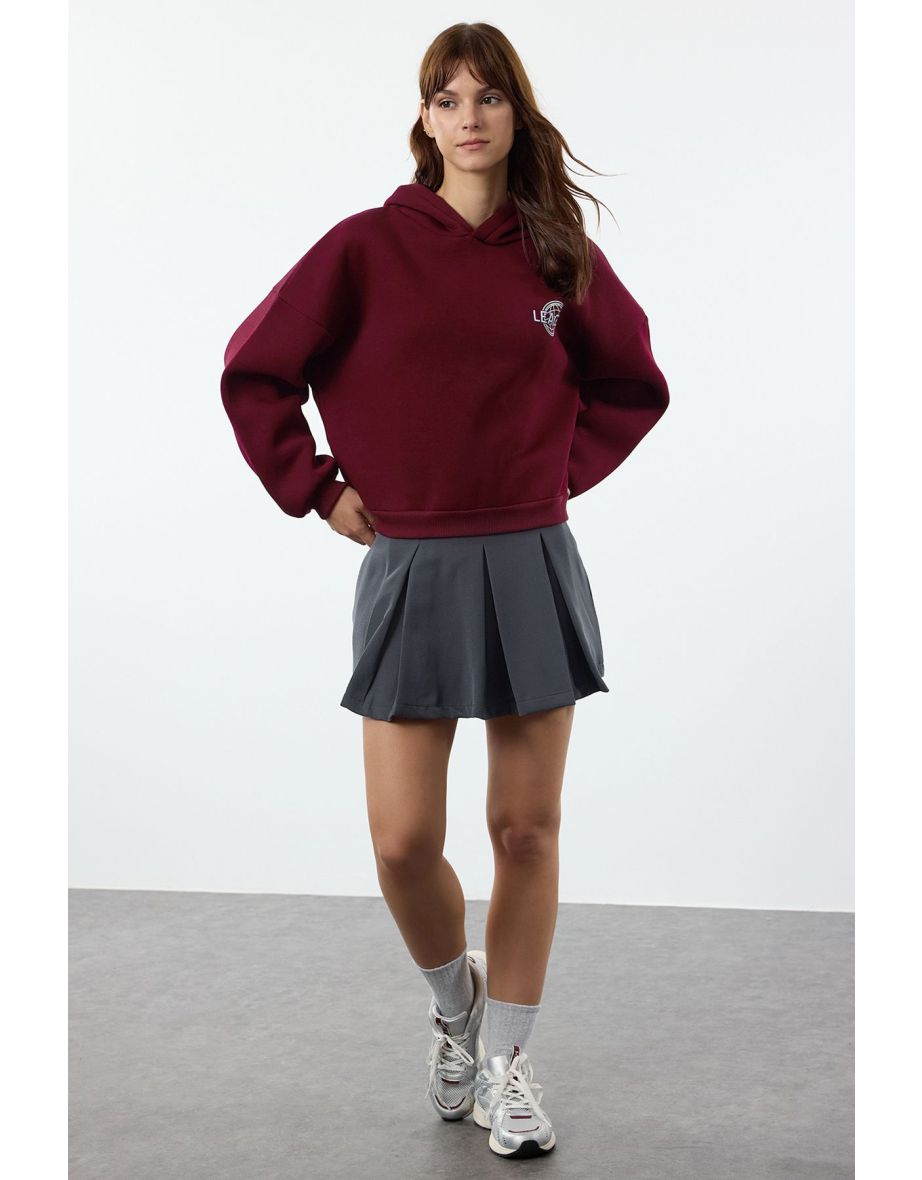 Claret Red Back Print Detailed Hooded Thick Inside Fleece Knitted Sweatshirt