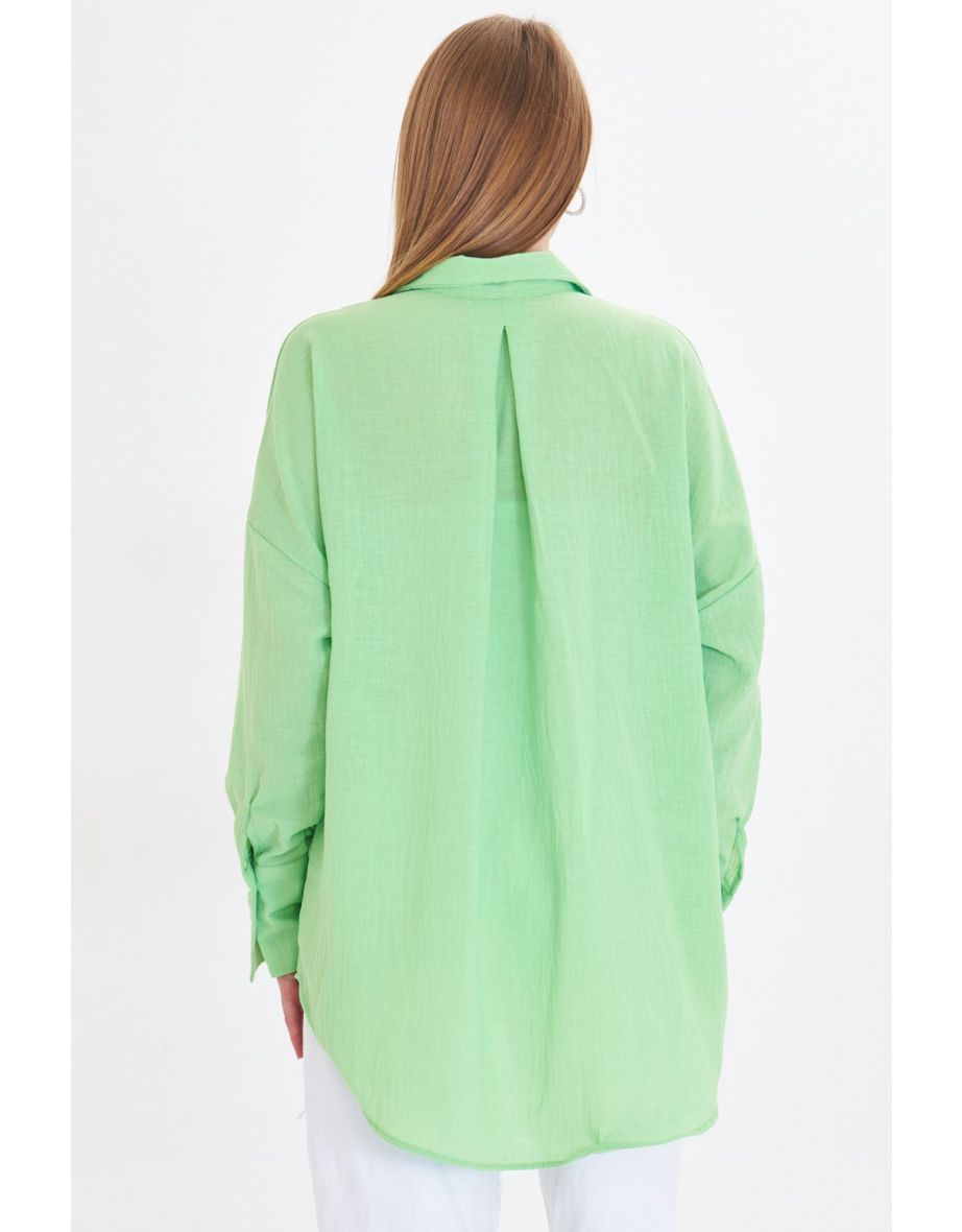 Women's Light Green Oversize Textured Linen Look Wide Cuff Shirt - 4