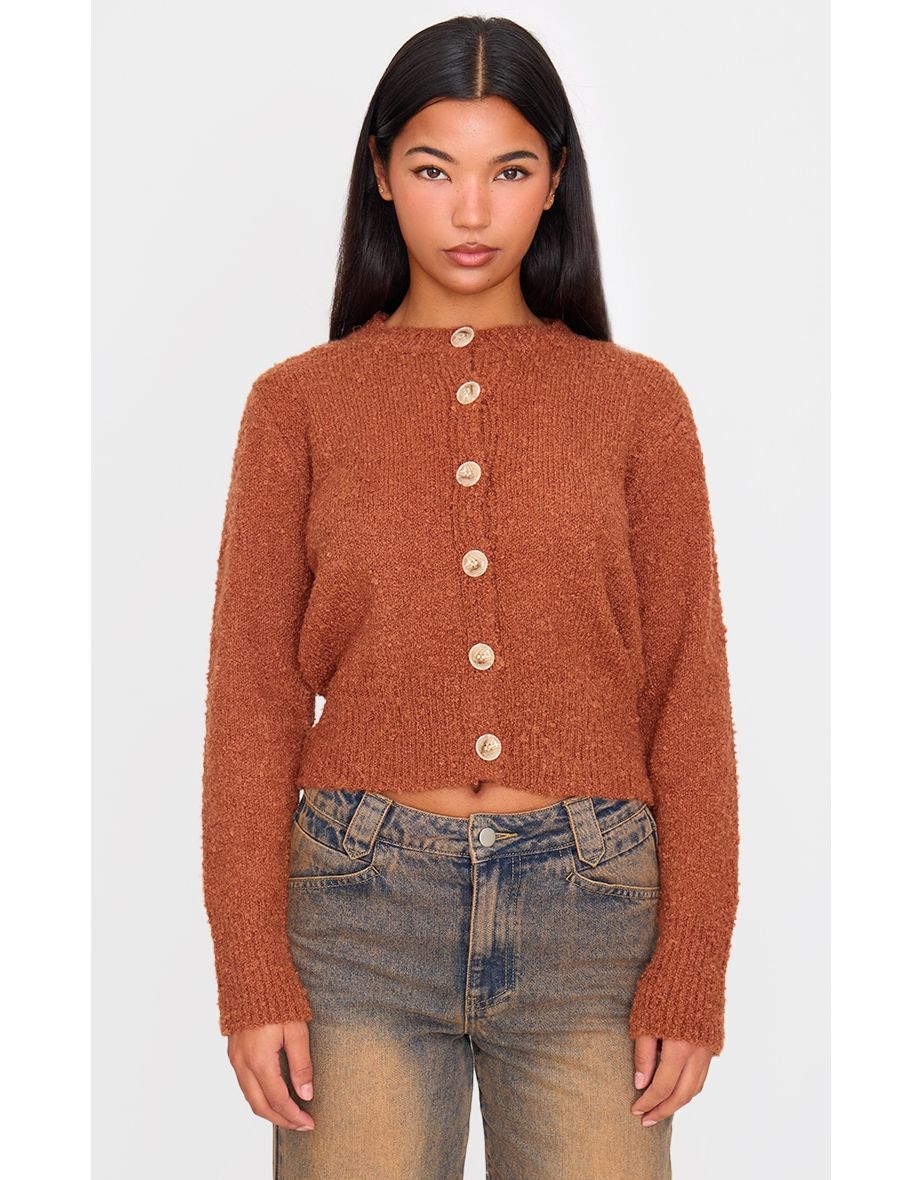 Rust Textured Bobble Knit Button Up Cardigan