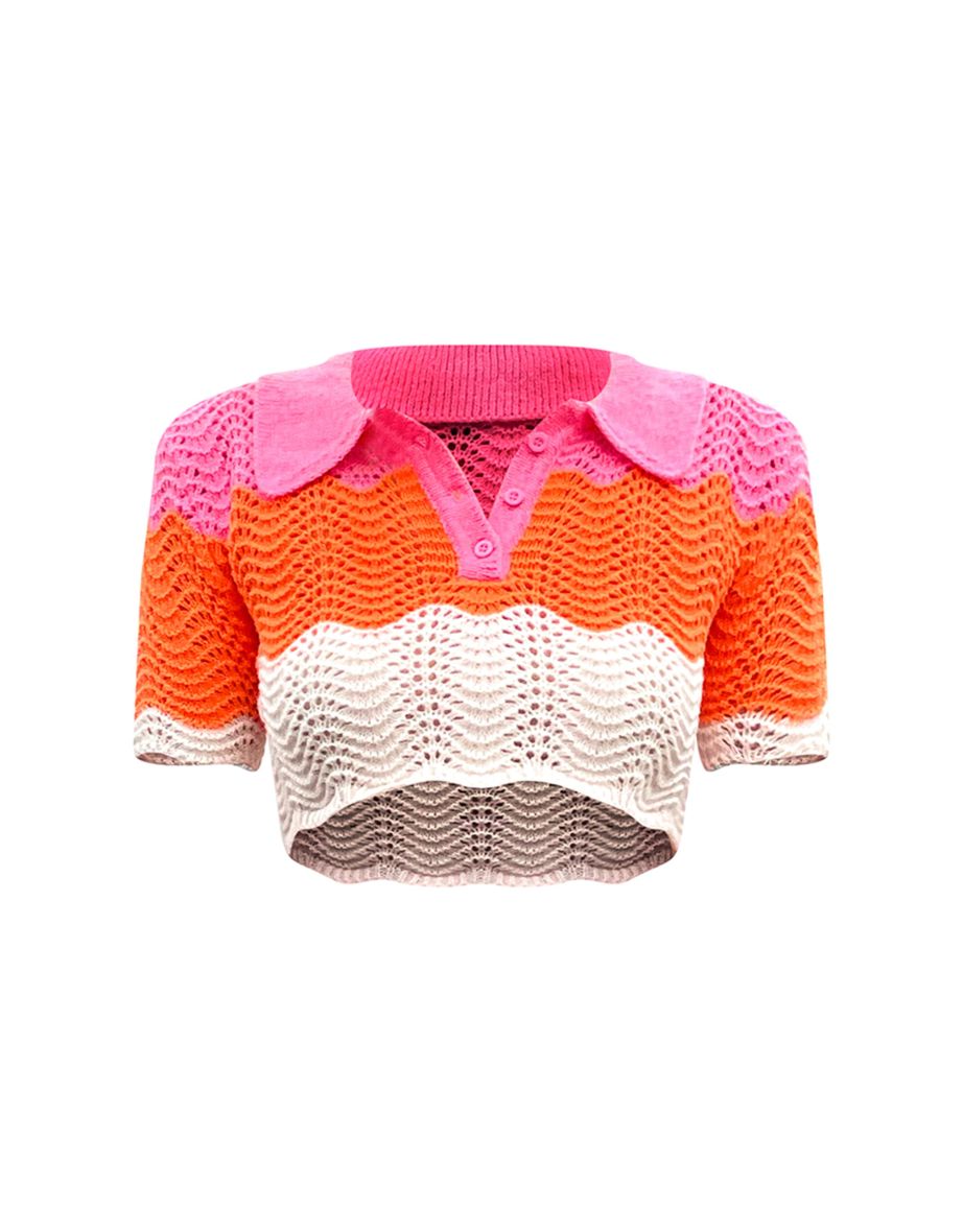 Pink Contrast Crochet Knit Cropped Top - 4