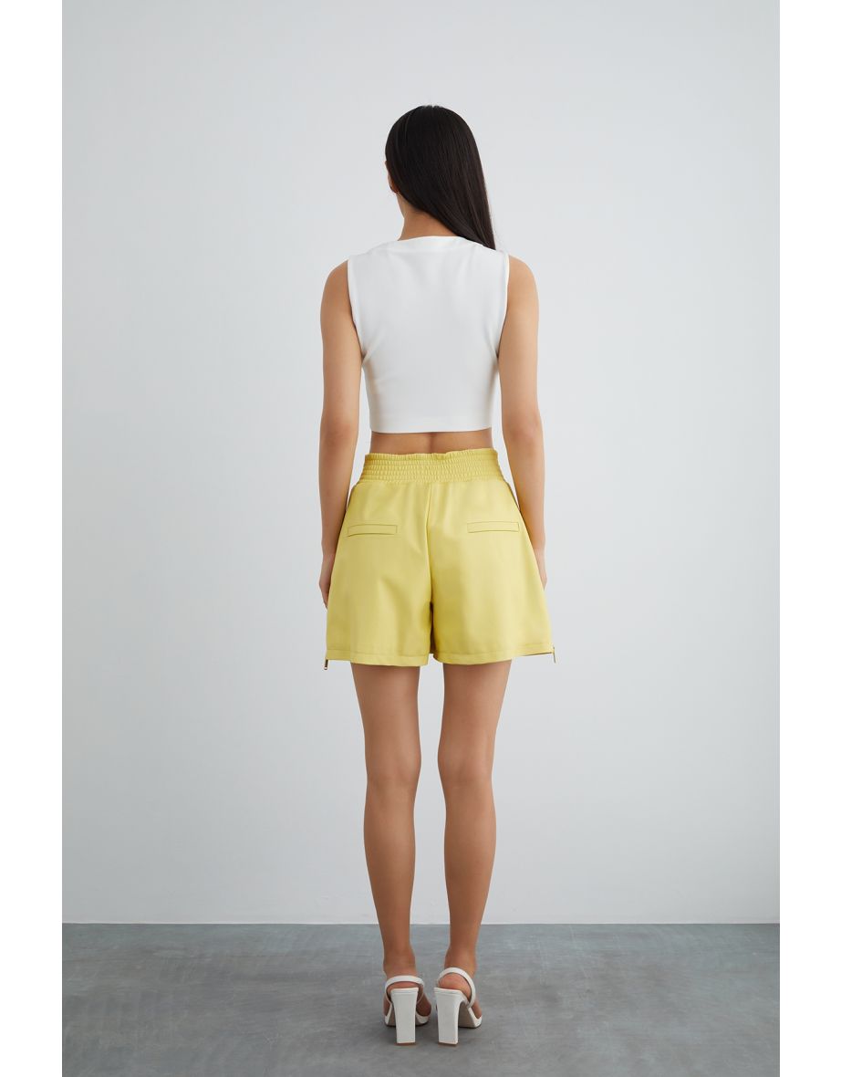 Yellow Leather Shorts With Elastic Waist and Side Zipper Slits - 3