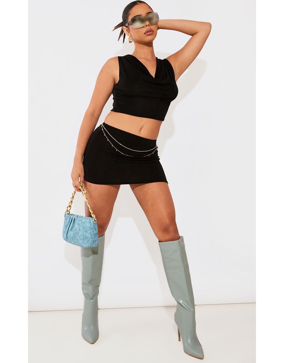 Black Acetate Slinky Low Rise Micro Mini Skirt