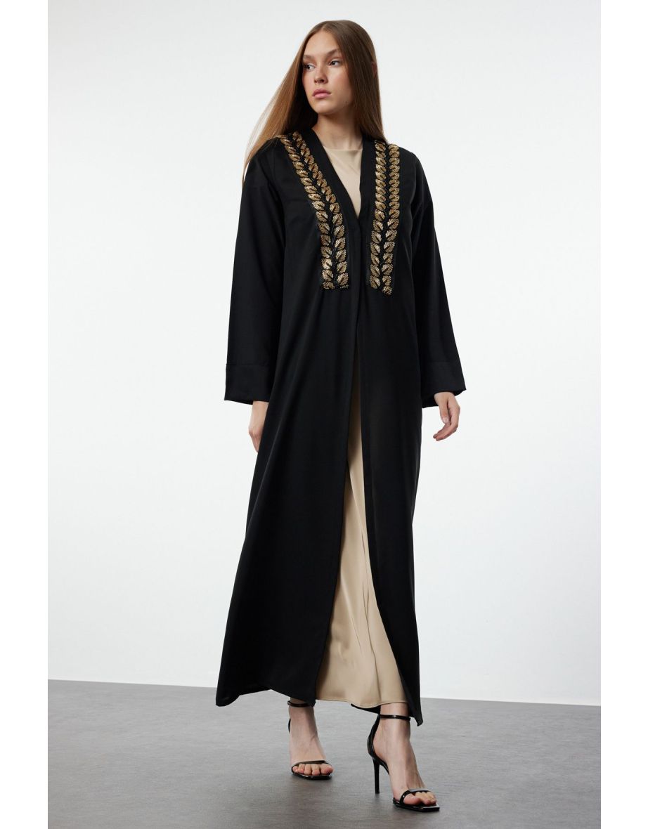 Black Stone Embroidered Woven Cap & Abaya